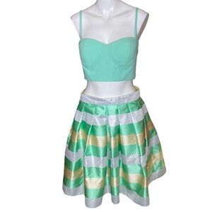 Aidan Mattox Dress Striped Skirt attached Green Crop Top with Zipper Backbone 10